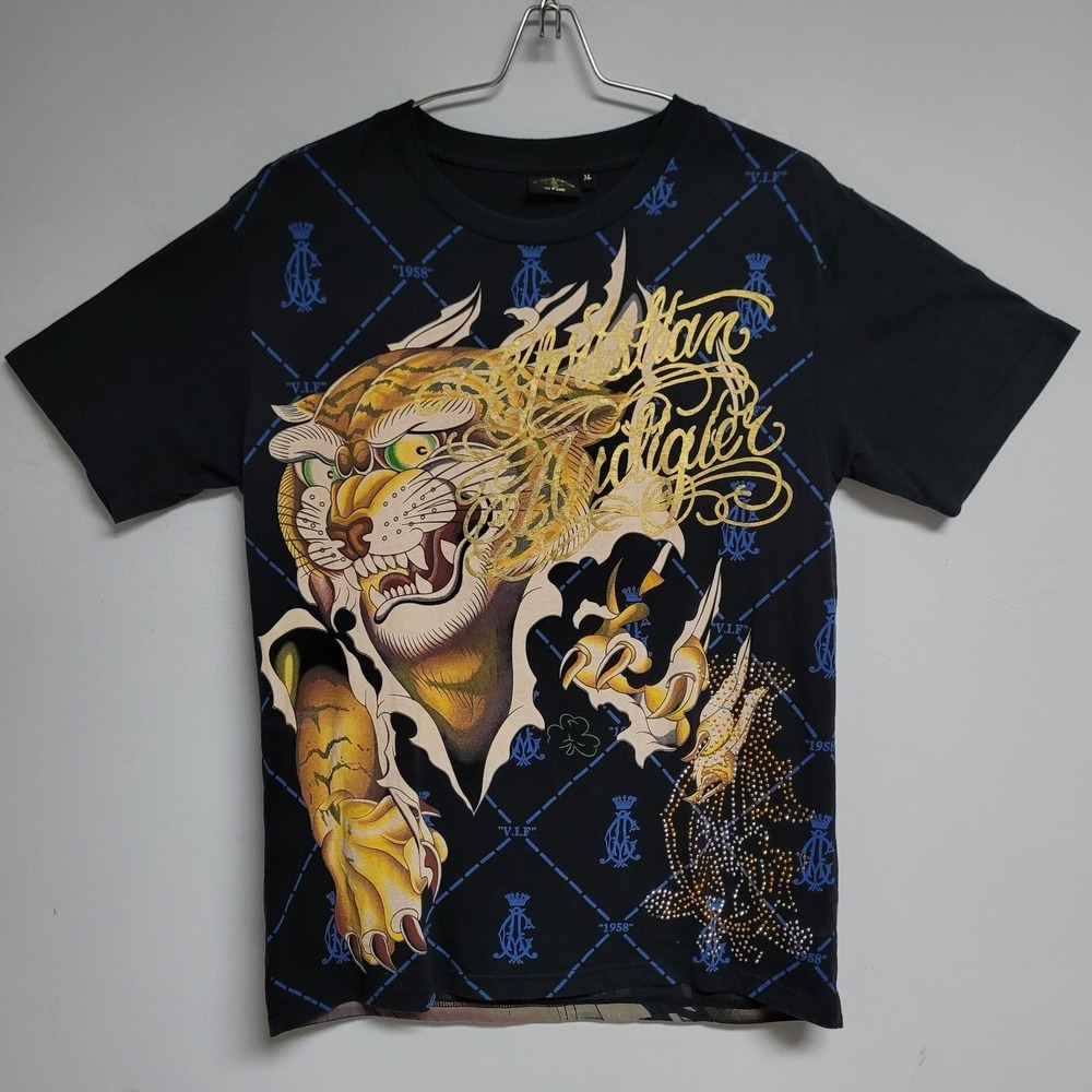 Vintage‎ Y2K Christian Audigier Tiger Print T-Shirt Mens XL Black AOP Rhinestone